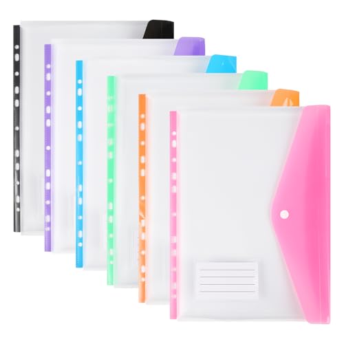 Plastic Wallets A4 Punched Pockets, 11 Holes Expandable Binder Folders for 2/3/4 Ring Document Pouch with Snap Button & Label Loose-Leaf Transparent for Office School Home (6 Pack - Side Open)