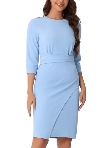 Allegra K Formal Dress for Women Crew Neck 3/4 Sleeve Elegant Bodycon Wrap Work Dresses