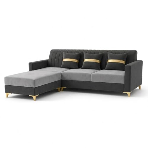 Image of CASASTYLE Signature Groovy 4-Seater L-Shape Sofa Set with Movable Ottoman | Flexible LHS /RHS Layout | Boston Fabric & Plush Cushions | 40D Foam + Zigzag Spring | 3-Yr Warranty (Dark Grey- Light Grey)