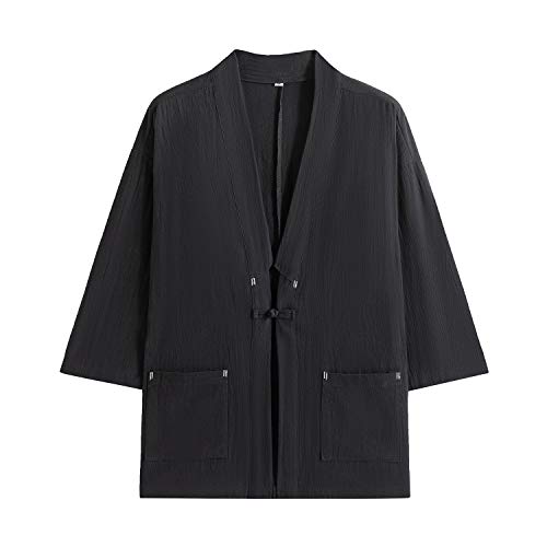 Image of Mens Japanese Kimono Cardigan Cotton Linen Haori Fashion 3 /4 Sleeve Yukata | Shawl Collar Kimono Jacket Robe Embroidery Patchwork Happi Coat Tie Pockets Lightweight Outerwear Daily Casual All Seasons