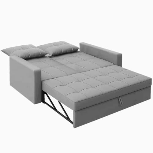 Image of FURNY Tressa 2 Seater Pull-Out Premium Fabric Sofa Cum Bed Sofa Set for Living Room (Light Grey Fabric) with Velvet Fabric