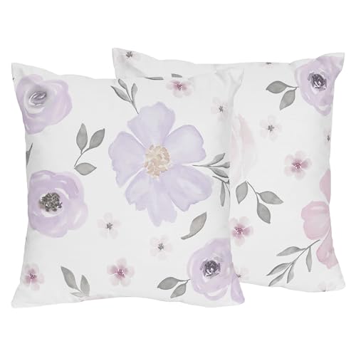 Image of Sweet Jojo Designs Lavender Purple Boho Floral Girl Decorative Throw Pillow Covers Couch Bed Home Decor Accent Set of 2 18x18 (Pillows NOT Included) Pink Grey Bohemian Farmhouse Shabby Chic Watercolor