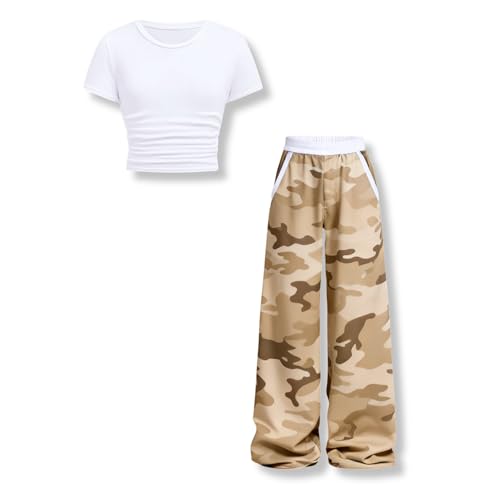 Image of Girls Clothes 2 Piece Short Sleeve T-Shirt Tops & Camo Pants Spring Summer Casual Outfits for Teen Tween Girl 7-14Y