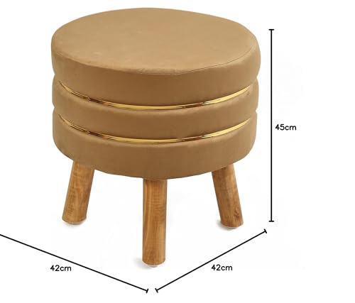 Image of NACIA Velvet Upholstered Ottoman Stool with Wooden Legs | Round Pouffe Footrest Seat for Living Room Bedroom Balcony | Compact Foot Stool for Sitting Home Decor Furniture, 18 Inch (Beige, Set of 1)