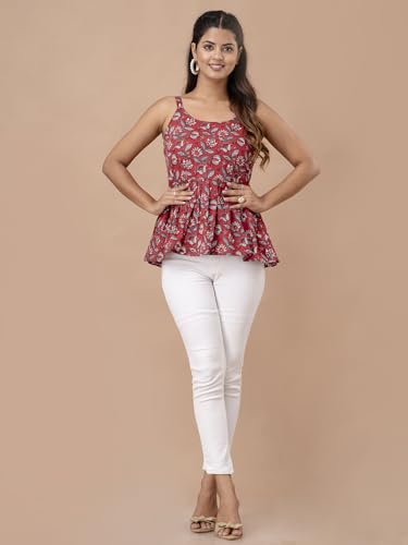 Image of feranoid Women Cotton Printed Sleeveless Strap Peplum Top