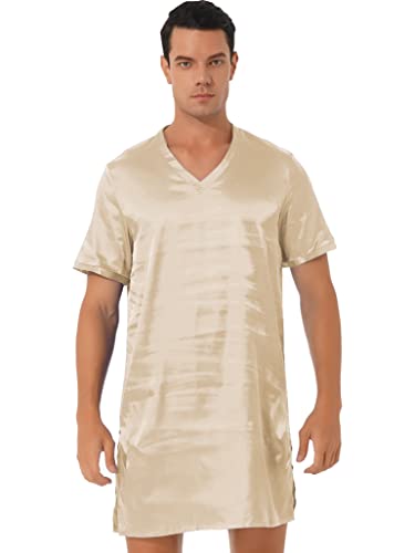 Men's Satin Nightshirt Short Sleeve V-neck Sleep Shirt Sleepwear Loungewear Nightwear