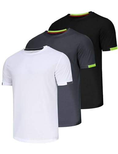 Chenjunrong Pack de 3 camisetas deportivas para hombre, transpirables, secado rápido, manga corta, funcional, camisetas de entrenamiento, negro, gris y blanco, XL