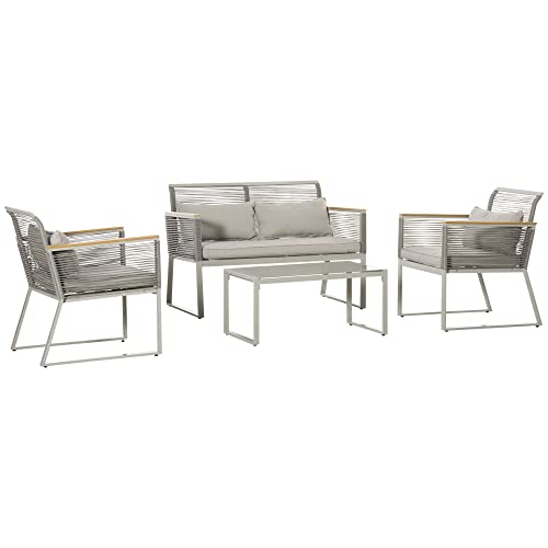 Outsunny Conjunto de Muebles de Jardín de Ratán 4 Piezas Sofá Doble 2 Sillones Individuales y...