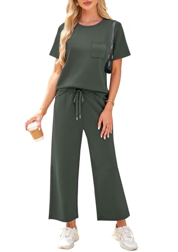 Image of WIHOLL 2 Piece Sets for Women Casual Summer Travel Vacation Outfits Short Sleeve Wide Leg Crop Pants Lounge Sets