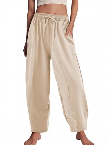 Flygo Women's Wide Leg Baggy Pants Casual Elastic High Waisted Palazzo Harem Slacks Ankle Length Loose Trousers with Pockets(Apricot-L)