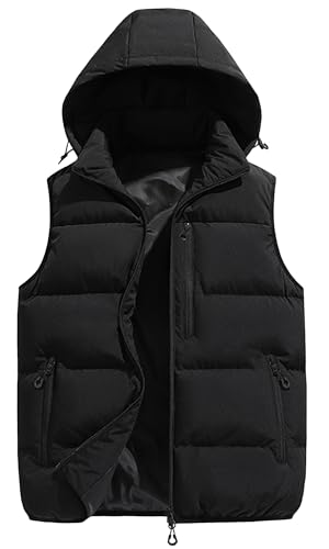 FEOYA Men Puffer Vest Hooded Winter Vest Down Warm Sleeveless Jacket with Pockets Removable Hood - Main Image