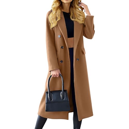 Cappotto cammello da donna, cappotto doppiopetto in misto lana, trench