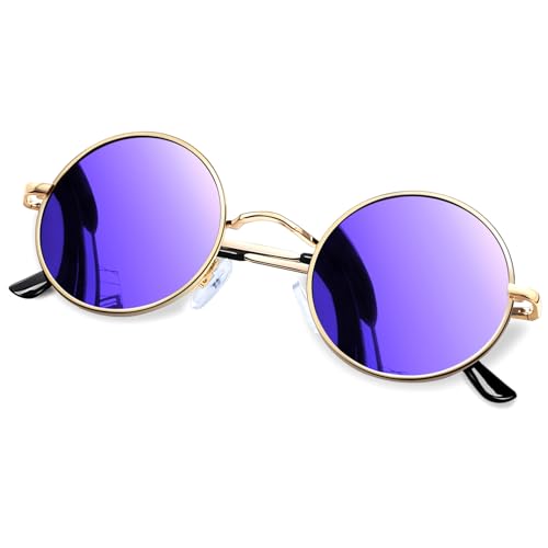 KANSATAL Gafas de Sol Redondas Moradas Espejo Mujer y Hombre Polarizadas Vintage Retro Pequeñas Óculos Purple Round Circulo   Lentes Moradas En Montura Doradas