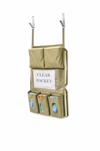 Image of It's Sew EZ PPE Isolation Door Caddy - 8 Pockets - NFPA-701 Fire Resistant Nylon Oxford with Two Stainless Steel Hooks included (Tan)