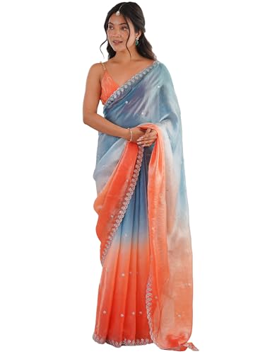 Image of AKHILAM Women's Shimmer Satin Sequence Embroidery Saree With Unstitched Blouse Piece(AARYAN21701 KR Parent)