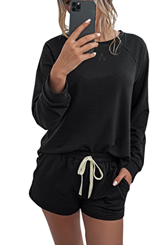 Prettygarden Women’s Tie Dye Printed Pajamas Set Long Sleeve Tops With Shorts Lounge Set Casual Two-Piece Sleepwear Solid-Black #TOP20