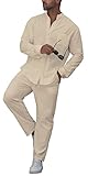 RPOVIG Linen Shirt Sets Outfits:Men's 2 Pieces Henley Shirts Long Sleeve Loose Yoga Pants Beach Clothing Off-white