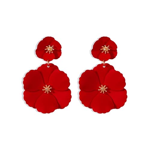FDEETY Pendientes de Flores Cuelgan Bohemias Grandes Camelia Capas Moda Colgantes Largos Stud Vendimia Flores Joyería para Mujeres Niñas Prom (Rojo)