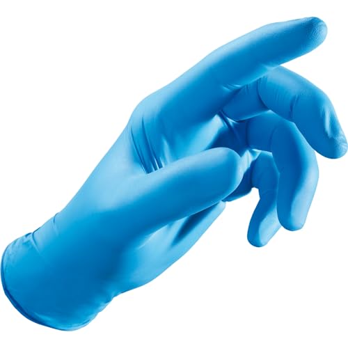 FERRETERIA LEPANTO Guantes de nitrilo desechables multiusos sin polvo, caja de 100 guantes y extra fuertes. (Azul, S)