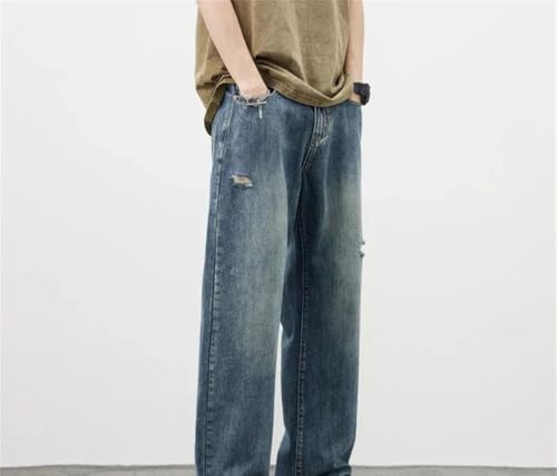 Men Distressed Straight Jeans Vintage Casual High Street Trousers Wide Leg Washed Denim Pants2