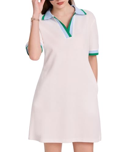 Image of WOWULOVELY Polo Dress for Women V Neck Casual Short Sleeve Mini Shirt Dress Flowy Contrast Color Golf Tennis A Line Dresses(White-M)