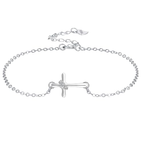 J.MUEN Bracelet Croix pour Femmes Argent Sterling 925 avec 3A Zircone, Classique Cadeau De Baptême pour Soeur Mère Grand-mère Filles (17+4 cm)