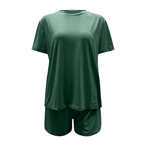 Conjunto feminino de duas peças, blusa e shorts de cor lisa com bolsos, Verde, P
