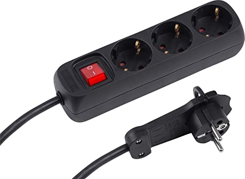 Meister 7430200 Multiprise 3 Prises – Prise Extra Plate – Câble de 2 m – Noir – IP20 intérieur – Interrupteur éclairé/multiprise avec fiche Plate