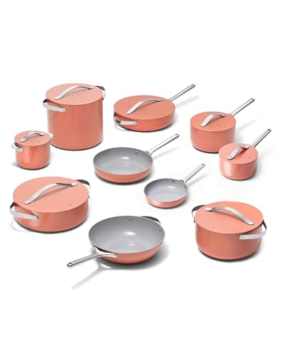 Image of Caraway 24-Piece Nonstick Ceramic Cookware Set - Includes Fry Pans, Sauce, Saute Pan, Dutch Oven, Petite Cooker, Stir Fry, Rondeau, Stock Pot, Lids & Storage Organizers - Perracotta