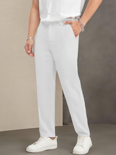 Ryannology Men's Casual Linen Pants Elastic Waist Slim Fit Beach Yoga Business Lightweight Cotton Trousers Pants with Pockets