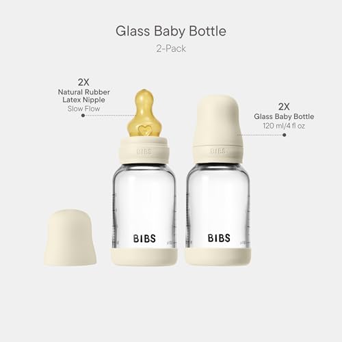 Image of BIBS Glass Baby Bottle, 120 ml, 2-Pack, Natural Rubber Nipple, Ivory | Anti-Colic | Natural Rubber Latex Nipple | Slow Flow | Supports Breastfeeding | Made in Denmark | Familiar BIBS Nipple