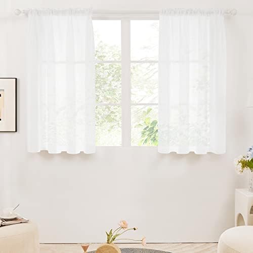 Deconovo White Net Curtains for Windows Home Decoration Faux Linen Rod Pocket Sheer Curtains for Bedroom 55 x 54 Inch 2 Panels