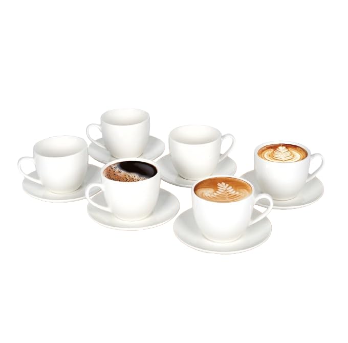 LIVELLO Amalfi Kaffeetassen set 6er, 12-teilig – 6 Porzellan Kaffeebecher mit Untertassen 250 ml, Große Kaffee & Cappuccino Tassen, Klassisch Weiß, Elegantes Kaffeeservice