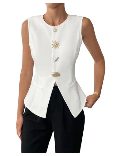 GORGLITTER Women's Metal Pearl Blazer Vest Dressy Sleeveless Fashion Vests Top Business Casual Work Tops