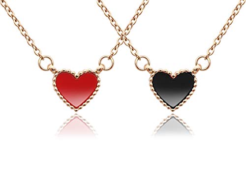 KristLand - Women 18k Gold Plated Simple Design Cute Minimalist Tiny Heart Enamel Pendant Sparkling Necklace Jewelry Rose Gold Chain Double Side Red and Black Color