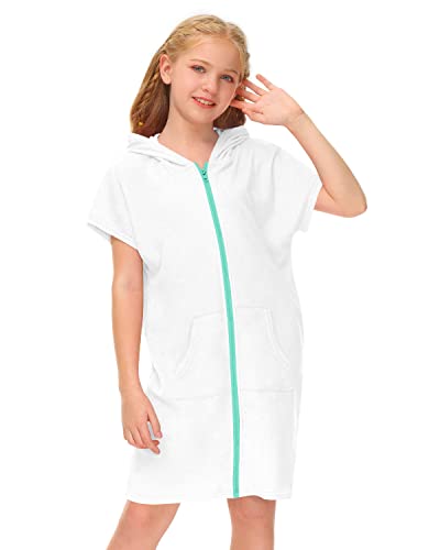 Besserbay Big Boy Girl Terry Zip Up Swim Cover Up Solid White Short Sleeve Beach Towel #2 13-14 Years #TOP1