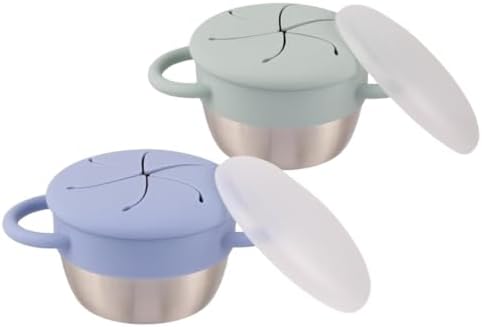 Elk and Friends Stainless Steel Snack Cups | Removable Silicone Food Catcher and Travel Lid | Spill-Proof Snack Containers for Baby, Toddler, Kids | Dishwasher Safe | 2 Pack