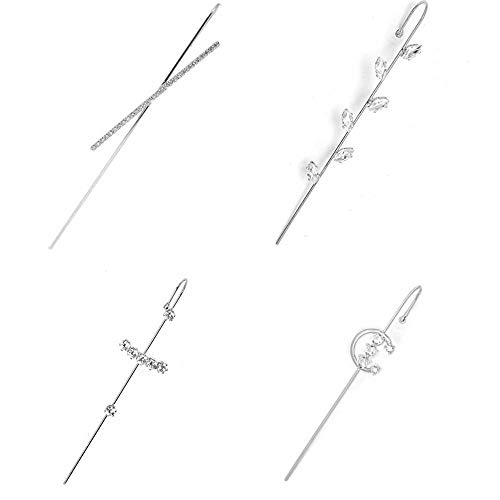 4 Pairs Set Ear Cuffs Crawler Hook Earrings Gold Silver Color Hypoallergenic Piercing Ear Wrap Climbers Earrings Simple Pearl Cubic Zirconia Rhinestone Hoop Earrings for Women Girls-Silver