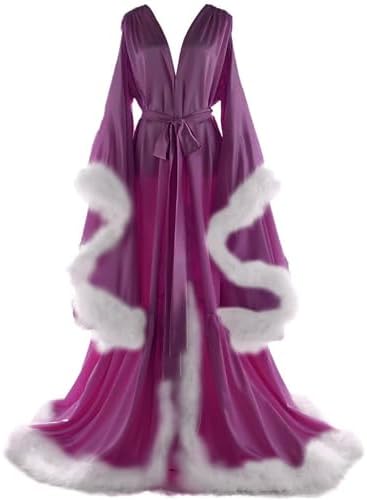 Women's Feather Bridal Robes Old Hollywood Maternity Photoshoot Nightgown Silk Bathrobe Long Lingerie