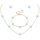 ORAZIO Gold Necklace Bracelet Earring Set - 18K Gold Plated Clover Charm Bracelet, Flower Choker Necklace Floral Stud Earrings Jewelry Set Birthday Wedding Prom Jewelry for Bridal Bridesmaid