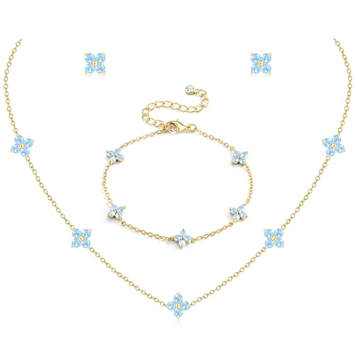 ORAZIO Gold Necklace Bracelet Earring Set - 18K Gold Plated Clover Charm Bracelet, Flower Choker Necklace Floral Stud Earrings Jewelry Set Birthday Wedding Prom Jewelry for Bridal Bridesmaid