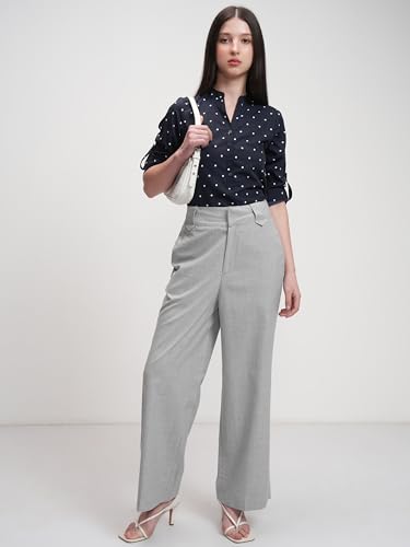 Image of Tokyo Talkies Women's Polka Dots Mandarin Collar Top | Roll-Up Sleeves | Smart & Casual | Perfect for Work & Everyday Chic | Tops for Woman | Women Tops | Stylish Top