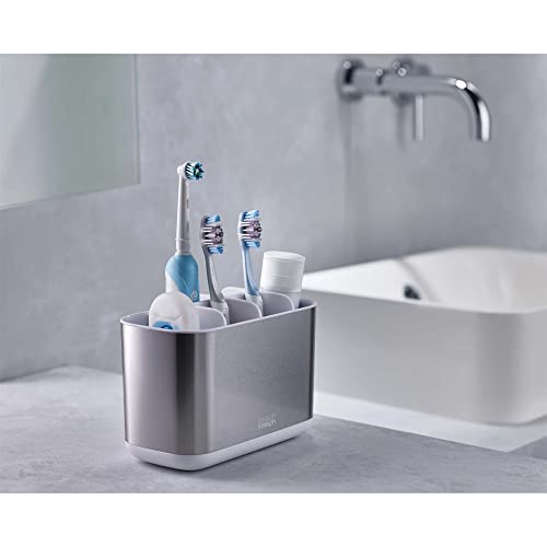 Joseph Joseph Bathroom Beauties - 2-częściowy zestaw umywalkowy z dużym uchwytem na szczoteczkę do zębów i higienicznym dozownikiem z pompką do mydła, stal nierdzewna