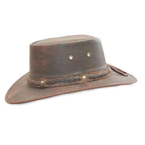 Real Leather Foldaway Crushable Australian-Style Bush Hat (L (59 cm)) Brown