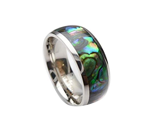 Natural Abalone Paua Shell Stainless Steel Curved Top 8mm Wide Comfort Fit Wedding Band, Engagement, or Promise Aloha Ring