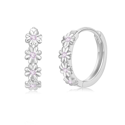925 Sterling Silver Hoop Earrings for Women Girls, Pink Dainty Daisy Huggie Flower Huggie Hypoallergenic Hoop Earrings,Jewellery Gifts for Her Birthday Wedding, 12mm