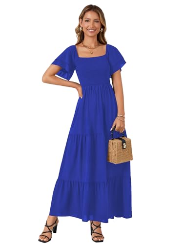 Image of LYANER Women's Square Neck Midi Dress | Summer Ruffle Short Sleeve Smocked Tiered Ruched Flowy A Line Party Casual Dresses