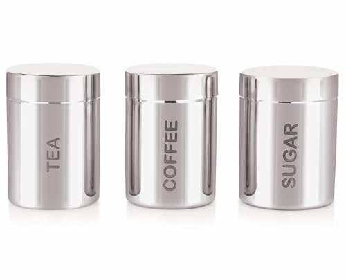 ATROCK Stainless Steel Tea Sugar & Coffee Container Set of 3 Airtight, Kitchen Storage Canisters, Durable & Rust-Resistant for Home & Office Use | Tea Sugar Containers 700ml Each, Silver