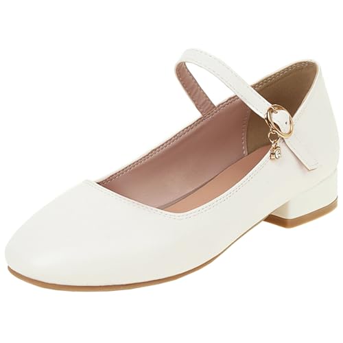 XIEPP MARY JANE - Chaussures Femme Talon Bloc Bas Bout Rond avec Boucle, Blanc., 40 EU
