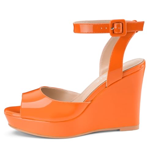 Image of Women's Dressy Platform Wedge Sandals Gold Wedges Peep Toe Patent High Heels Slingback Heeled Comfortable Ankle Strap Shoes